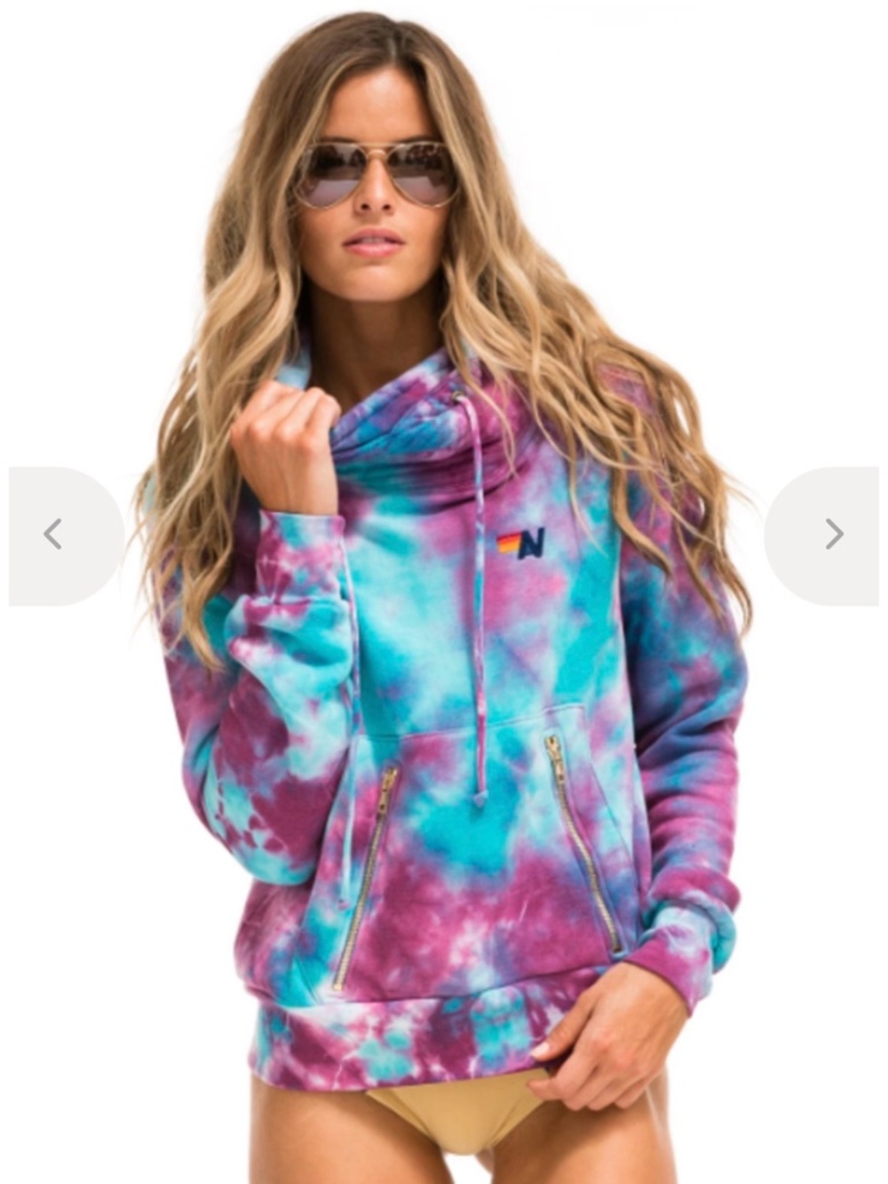 Aviator Nation Tie-Dye Off-the-Shoulder Hoodie - Teal, Purple, Pink